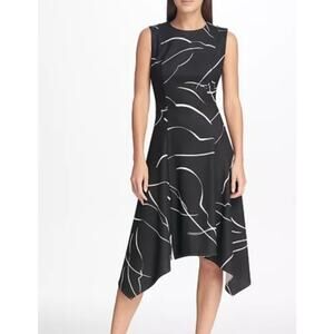 Women's DKNY Black & White Asymmetrical Skirt Party Midi Dress | Size 4